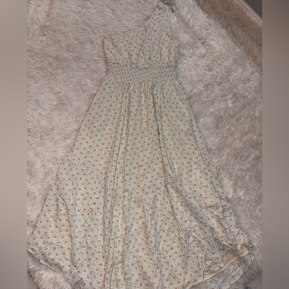 American Eagle Outfitters Mint One Shoulder  Floral Maxi Dress with Pink Print